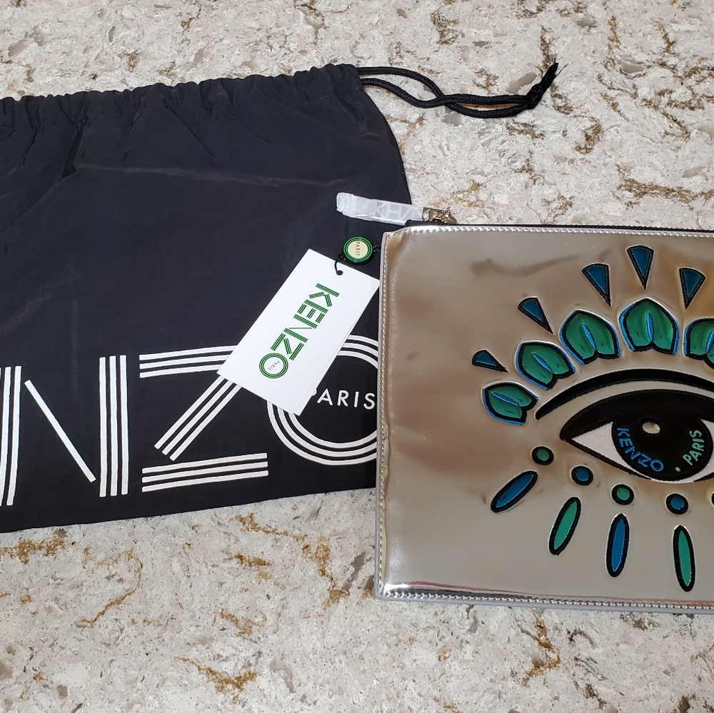 NWT Kenzo Paris Embroidered Iconic Eye Motif Clutch Zip Pouch in Silver
